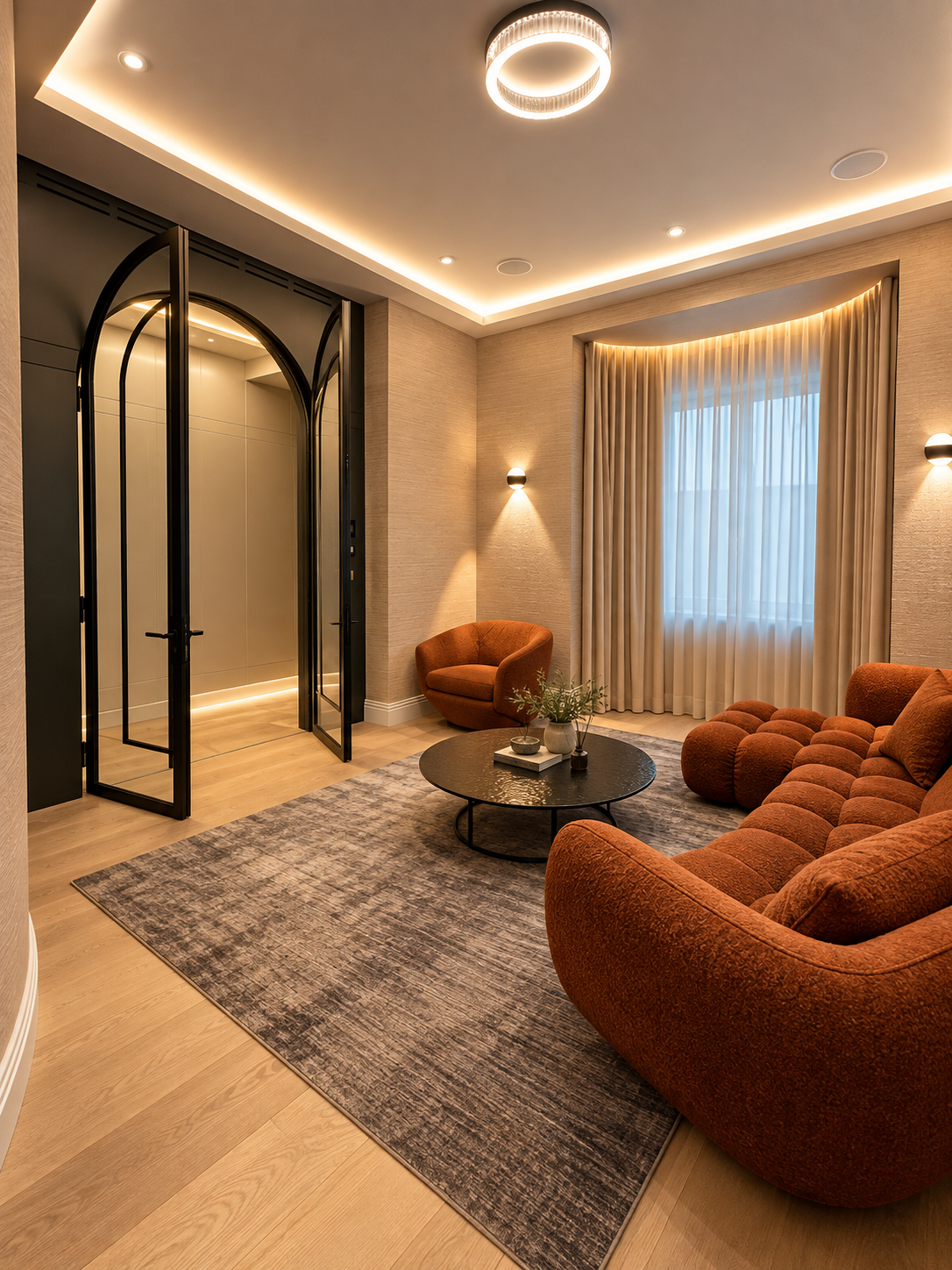 Lounge with orange sofa and arched glass doors