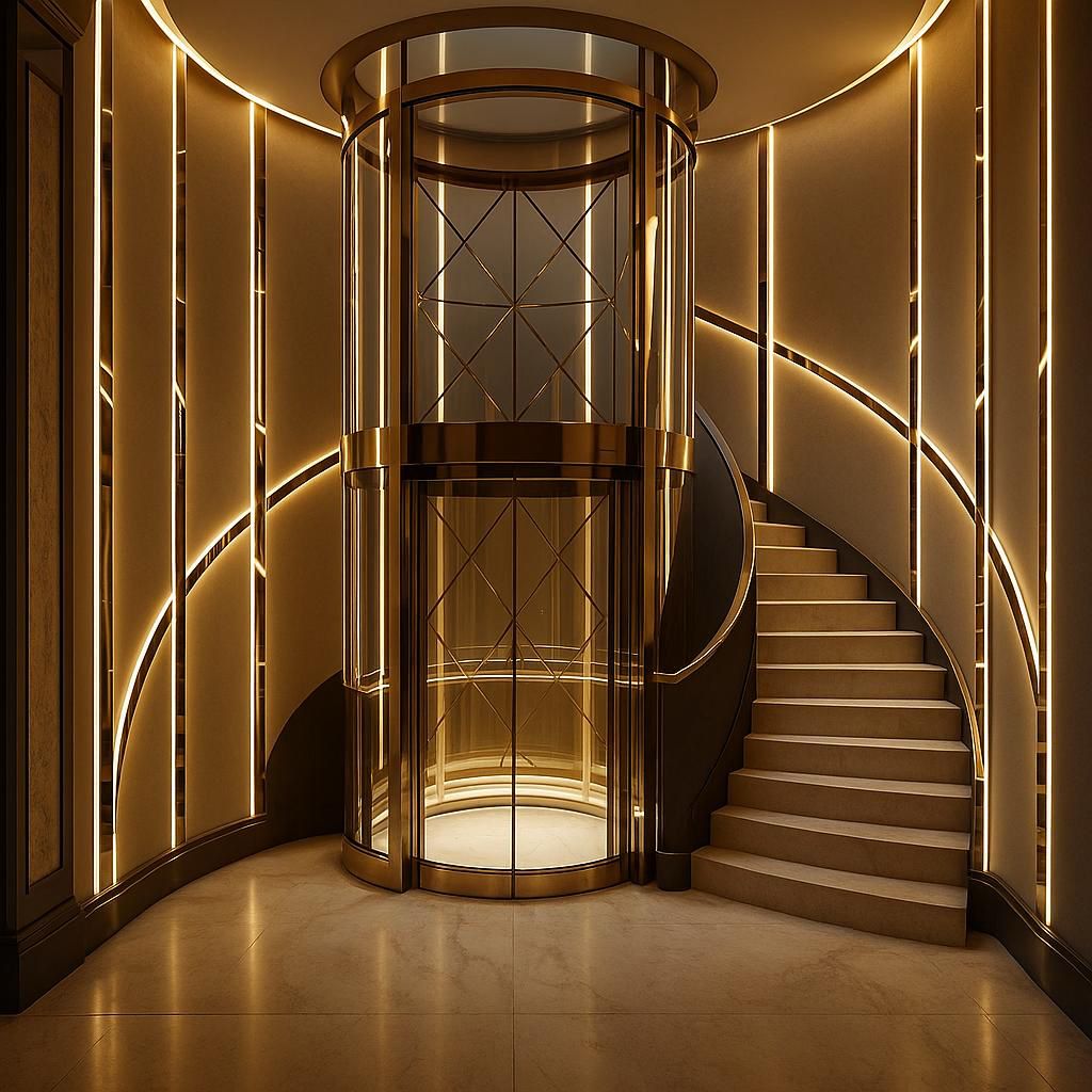 Round glass lift with warm wall lighting