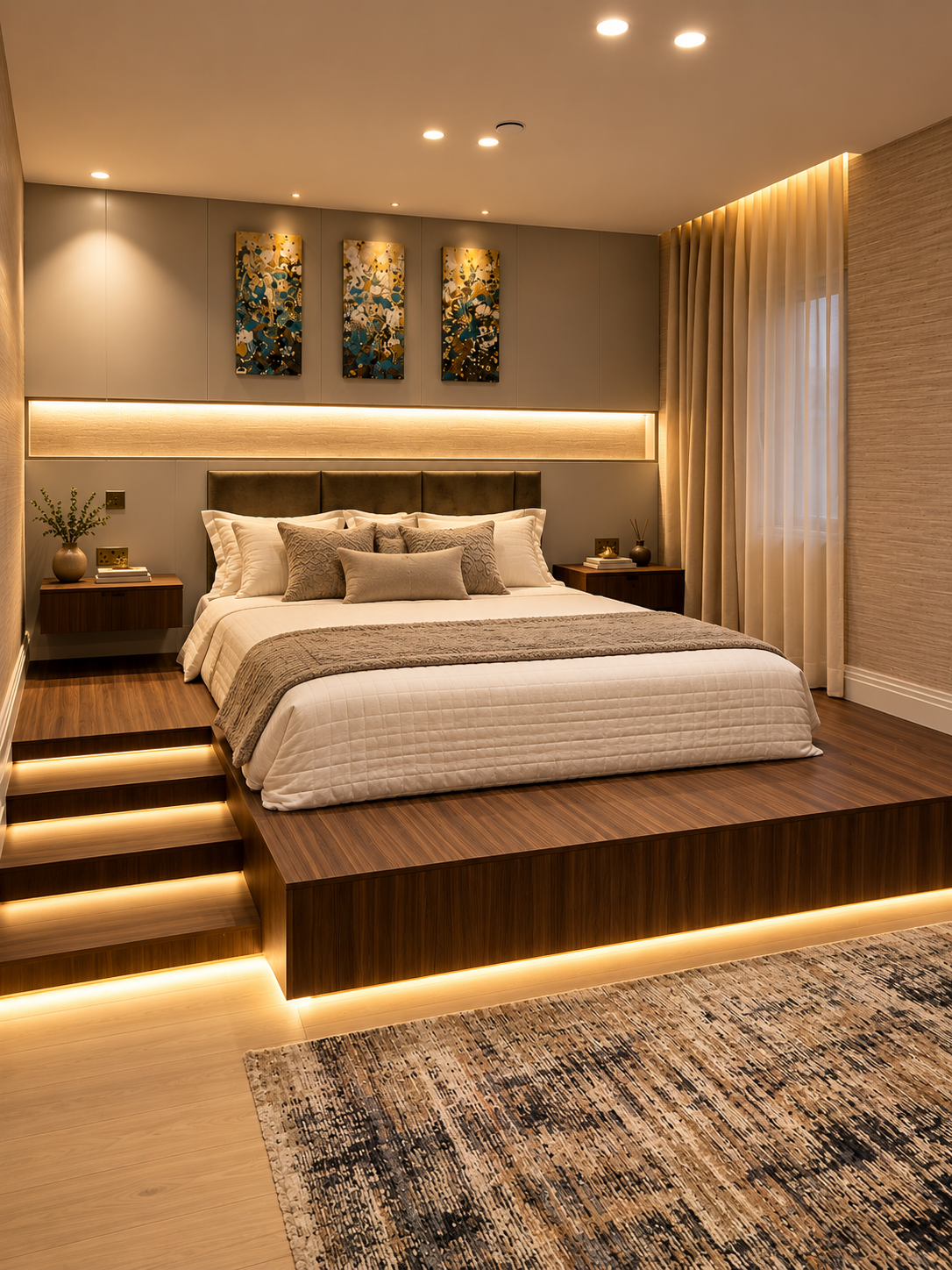 Bedroom with raised timber platform, lit steps and cove lighting