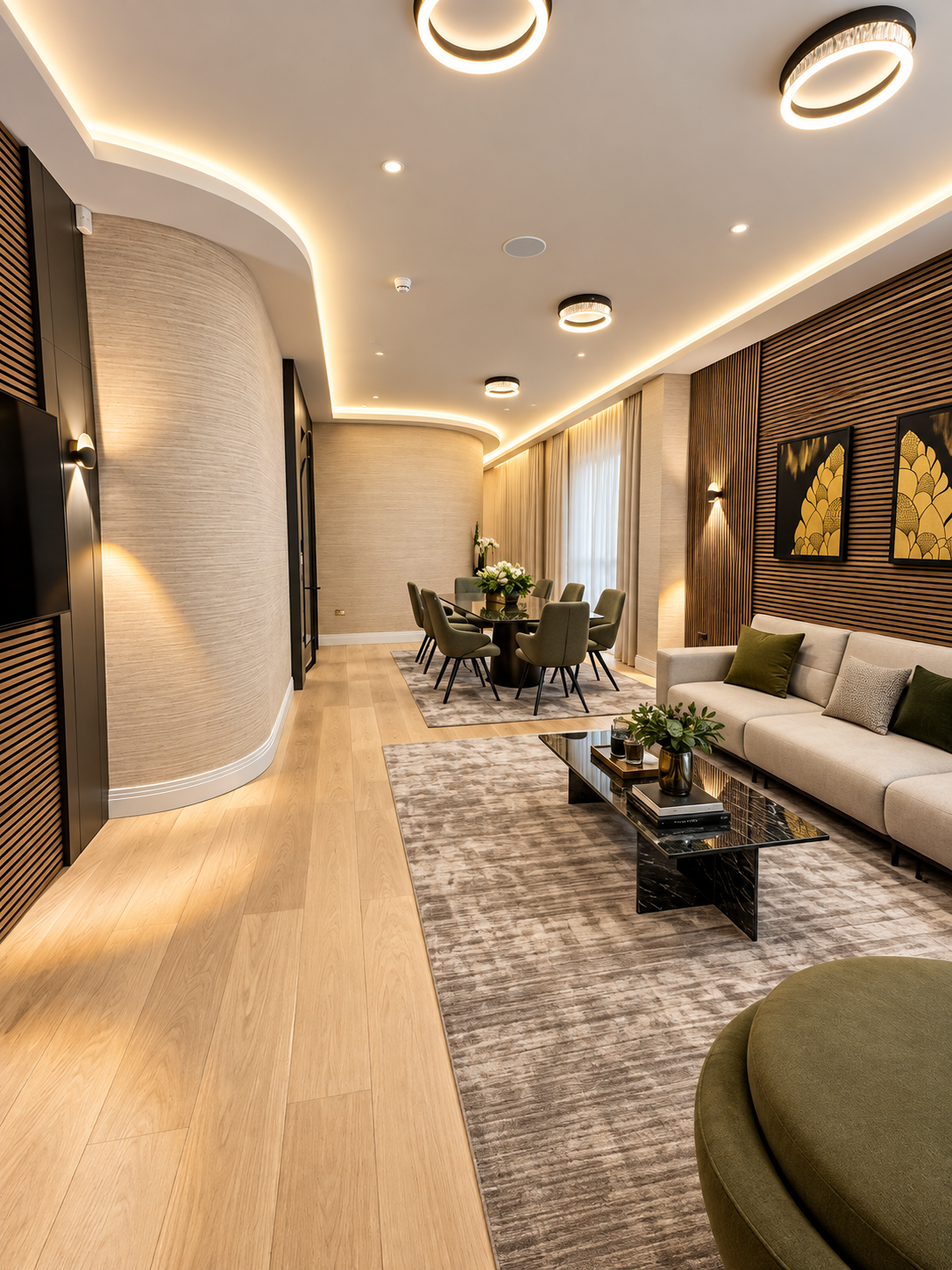 Living and dining room with curved walls, cove lighting and ring pendants