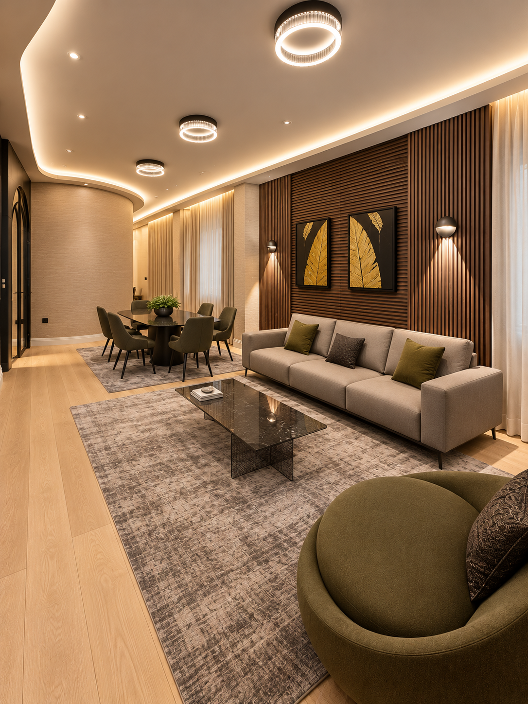 Open-plan living and dining room with bespoke timber wall