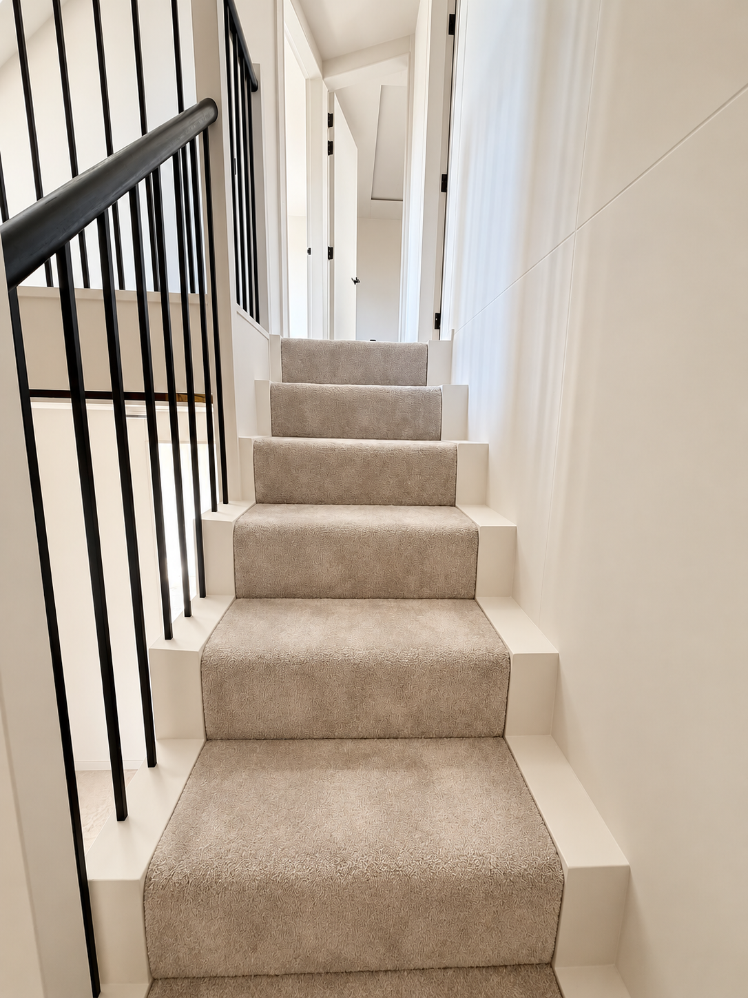 Carpeted staircase with black metal balustrade