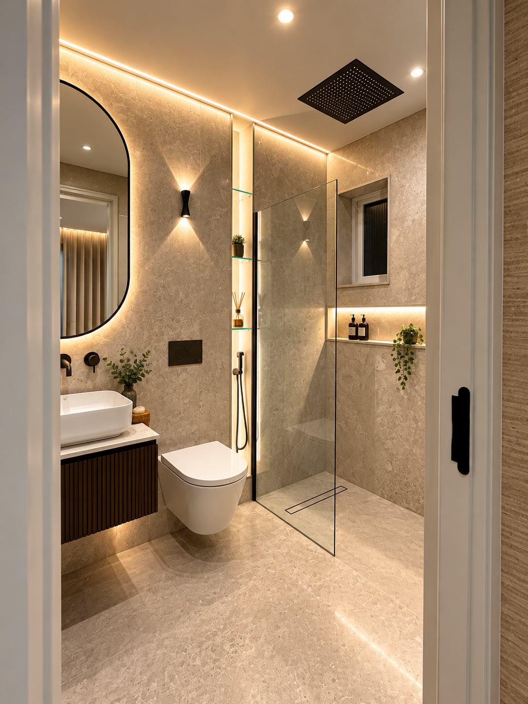 Stone bathroom with walk-in shower and concealed lighting