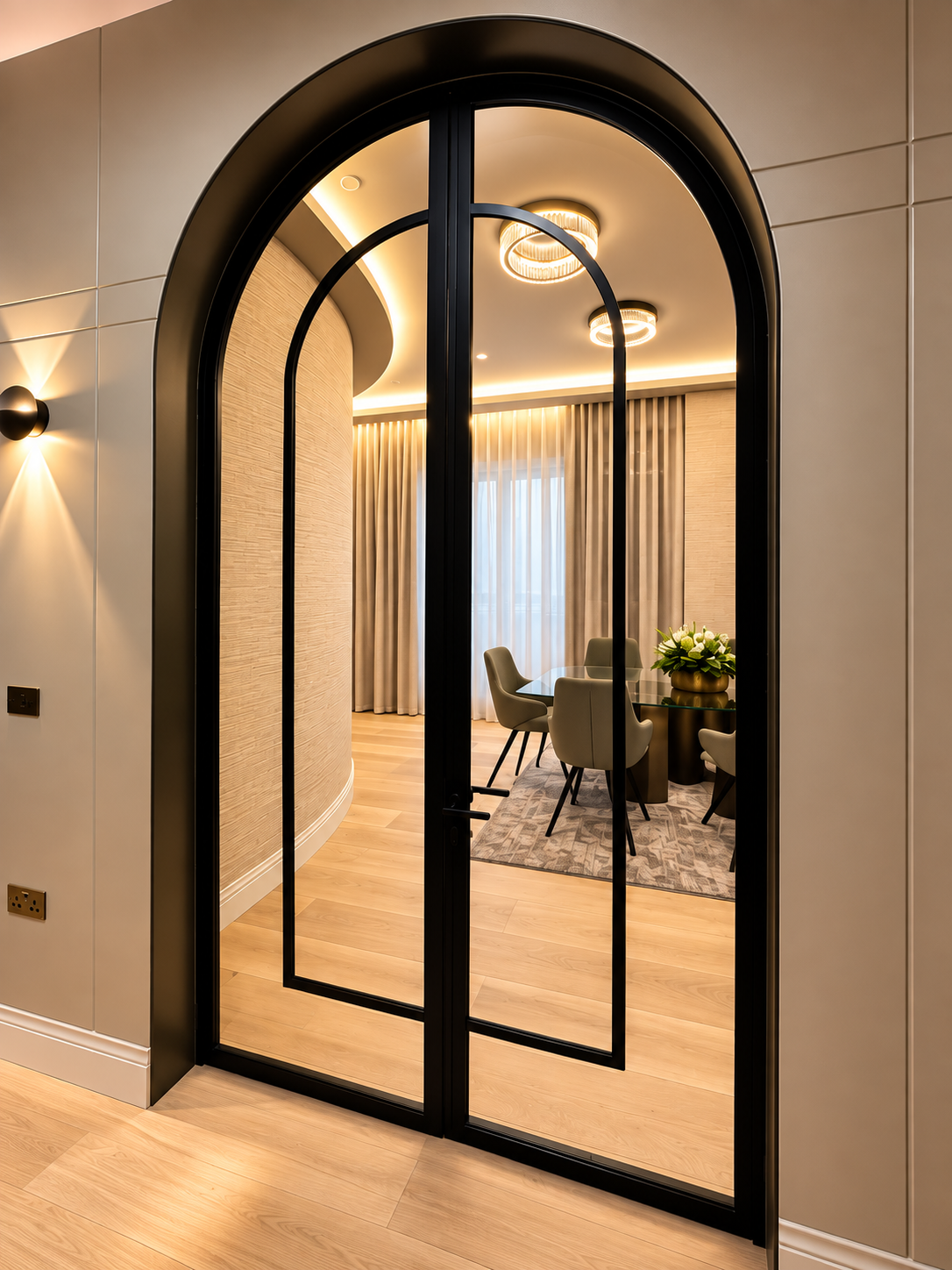 Black framed arched glass doors opening into the dining room