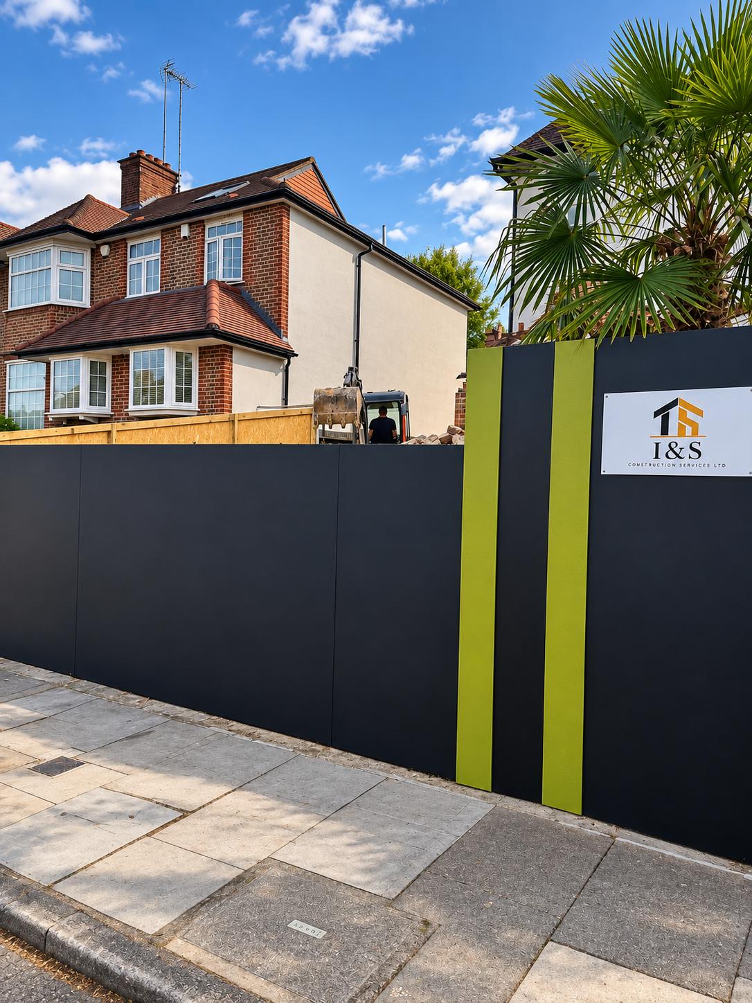 I&S hoarding running along the front of the Hendon site
